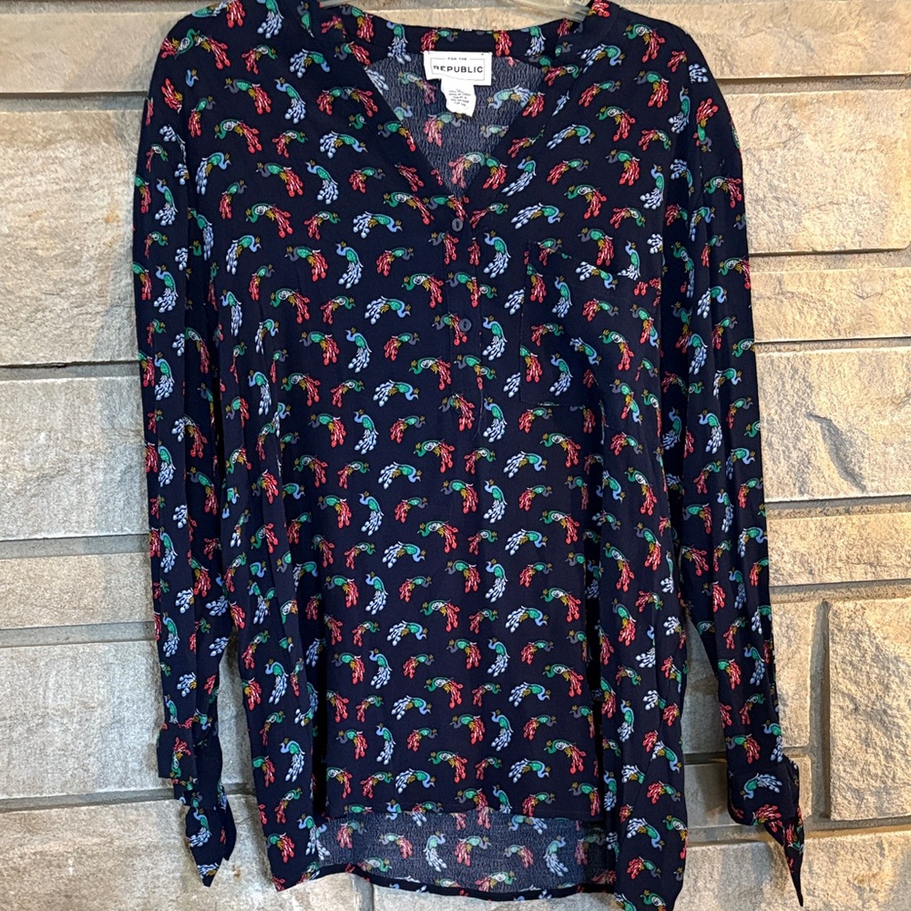 For The Republic Navy Floral Blouse with Peacocks